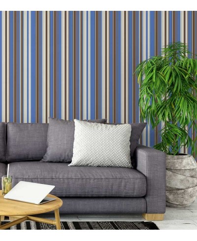 Papel de parede com listras em tons de marrom, azul, branco e bege - Listrado 130 Papel de parede com listras em tons de marrom, azul, branco e bege - Listrado 130