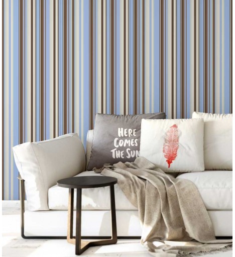 Papel de parede com listras em tons de marrom, azul e bege - Listrado 131