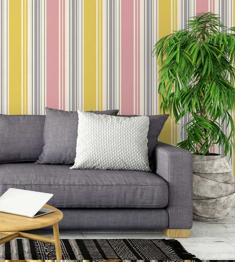 Papel de parede listrado, cinza, rosa e amarelo - Listrado 189