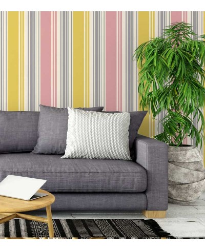 Papel de parede listrado, cinza, rosa e amarelo - Listrado 189