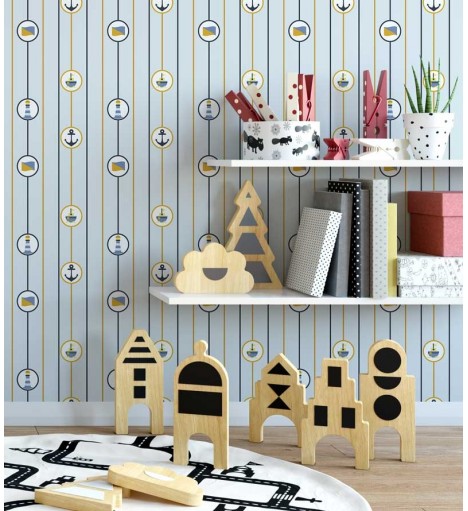 Papel de Parede com fundo em tons de azul claro, com detalhes em amarelo, azul escuro e cinza - Infantil 127