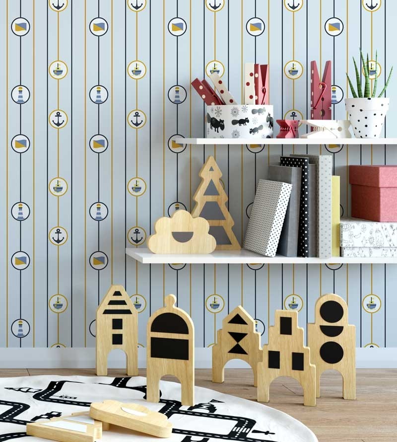 Papel de Parede com fundo em tons de azul claro, com detalhes em amarelo, azul escuro e cinza - Infantil 127