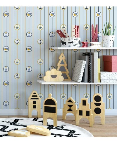 Papel de Parede com fundo em tons de azul claro, com detalhes em amarelo, azul escuro e cinza - Infantil 127