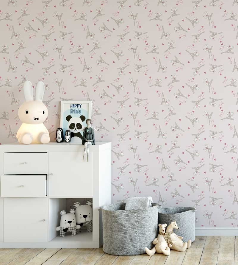 Papel de parede com fundo rosa claro e detalhes em branco e tons de rosa - Infantil 140