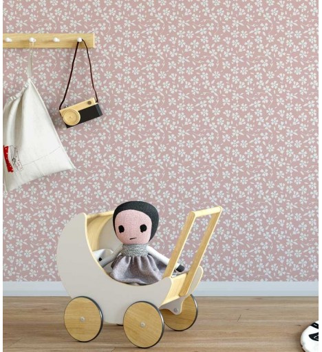 Papel de Parede com fundo em rosa claro, com detalhes em branco - Infantil 124