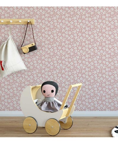 Papel de Parede com fundo em rosa claro, com detalhes em branco - Infantil 124