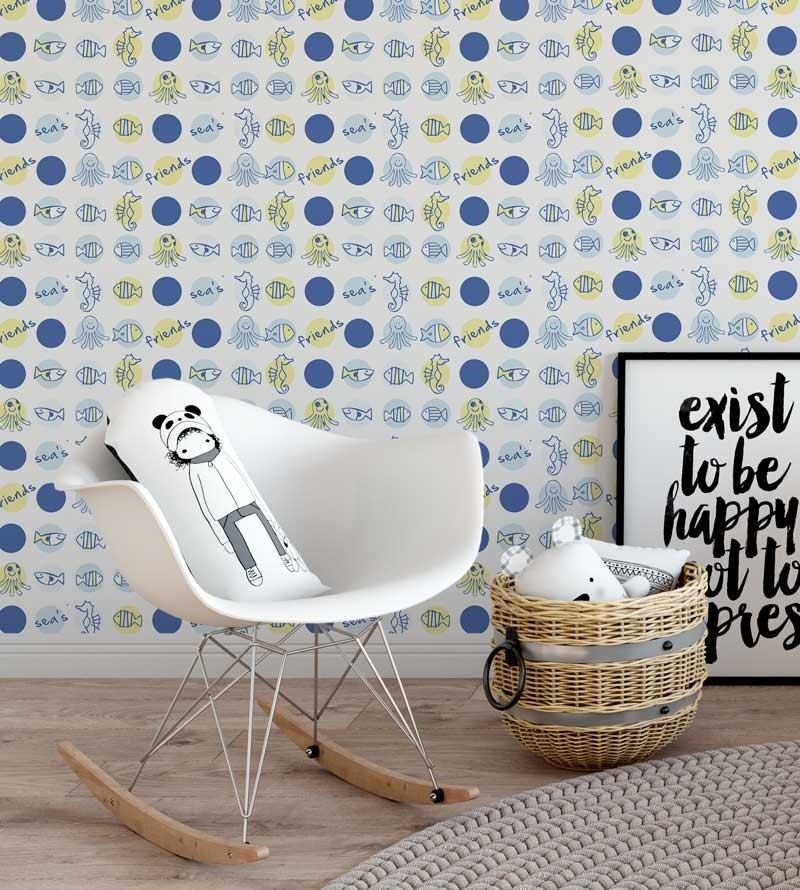 Papel de parede com fundo branco, e detalhes em azul escuro, amarelo, cinza e azul claro - Infantil 130