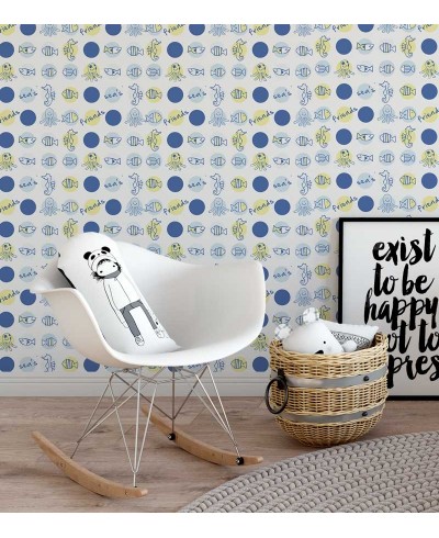 Papel de parede com fundo branco, e detalhes em azul escuro, amarelo, cinza e azul claro - Infantil 130 Papel de parede com fundo branco, e detalhes em azul escuro, amarelo, cinza e azul claro - Infantil 130
