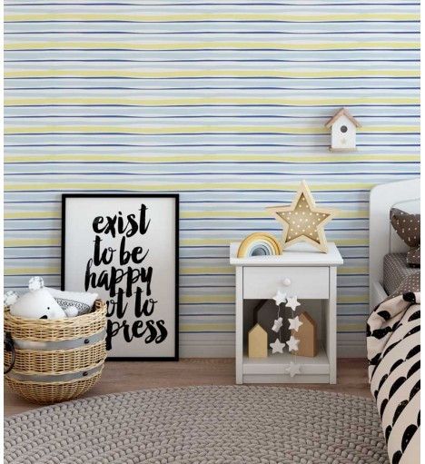 Papel de parede com fundo branco e detalhes em azul claro, amarelo e azul escuro - Infantil 131