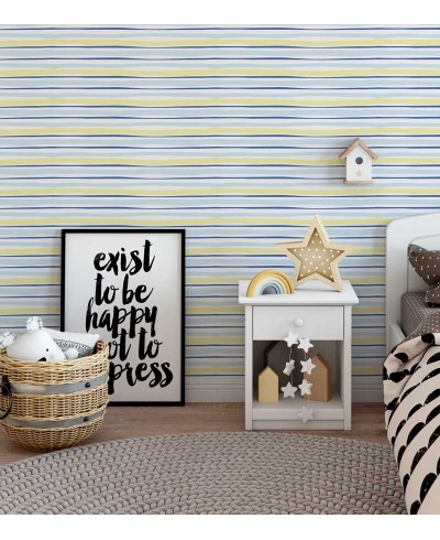 Papel de parede com fundo branco e detalhes em azul claro, amarelo e azul escuro - Infantil 131