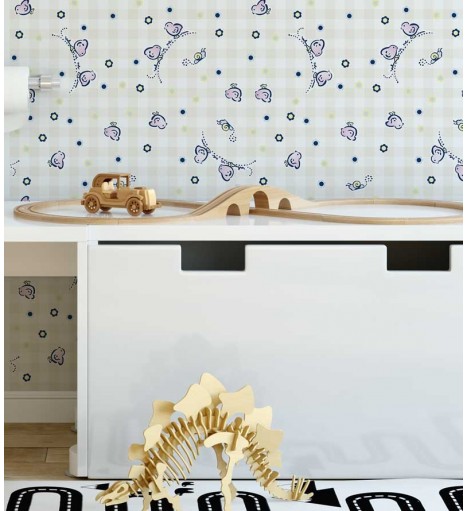 Papel de parede com fundo branco e rosa claro, com detalhes em tons de azul, amarelo e lilás - Infantil 136