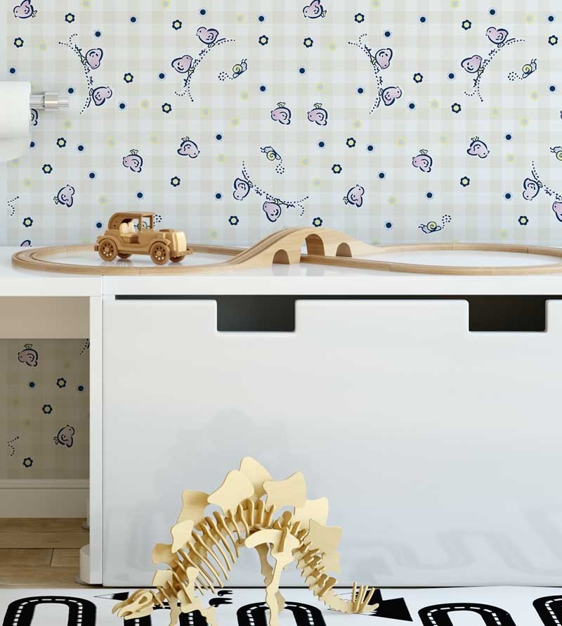 Papel de parede com fundo branco e rosa claro, com detalhes em tons de azul, amarelo e lilás - Infantil 136