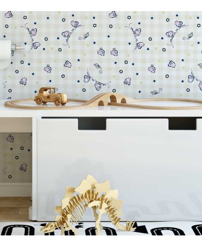 Papel de parede com fundo branco e rosa claro, com detalhes em tons de azul, amarelo e lilás - Infantil 136