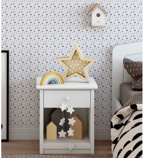 Papel de parede com fundo branco e pequenos detalhes em cinza e azul - Infantil 19