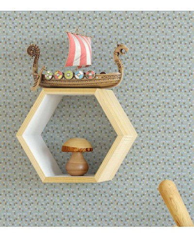 Papel de parede com fundo azul claro e detalhes em cinza claro, marrom e areia - Infantil 44