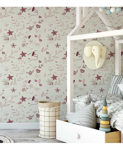 Papel de parede com rosa claro ao fundo e desenhos em tons das cores rosa e bordo - Infantil 61