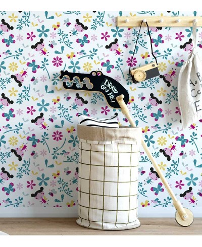 Papel de parede em tons de rosa, amarelo, azul e preto - Infantil 68