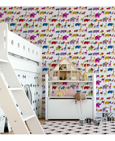 Papel de parede com fundo branco e desenhos em roxo, vermelho, azul, verde, laranja e rosa - Infantil 73