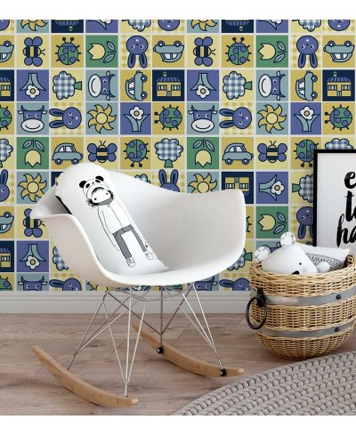 Papel de parede em tons de amarelo, azul, verde e branco - Infantil 76 Papel de parede em tons de amarelo, azul, verde e branco - Infantil 76
