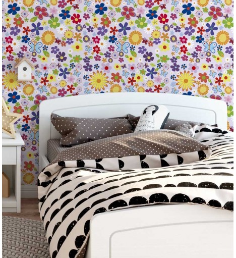 Papel de parede com fundo rosa e desenhos em amarelo, laranja, vermelho, verde, azul, branco, preto, roxo e bordo - infantil 85