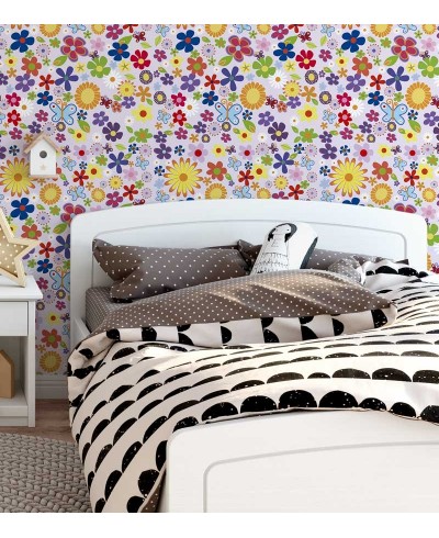 Papel de parede com fundo rosa e desenhos em amarelo, laranja, vermelho, verde, azul, branco, preto, roxo e bordo - infantil 85 Papel de parede com fundo rosa e desenhos em amarelo, laranja, vermelho, verde, azul, branco, preto, roxo e bordo - infantil 85