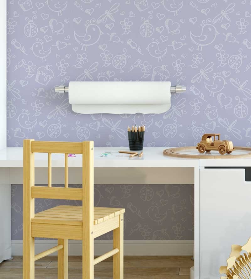 Papel de parede com fundo em tom de roxo e desenhos em cinza - Infantil 92