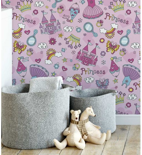 Papel de parede em tom de lilás, rosa, roxo, branco, azul e amarelo - Infantil 97