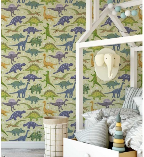 Papel de parede com fundo bege e desenhos em tons verde, amarelo, roxo, azul e laranja - Infantil 153