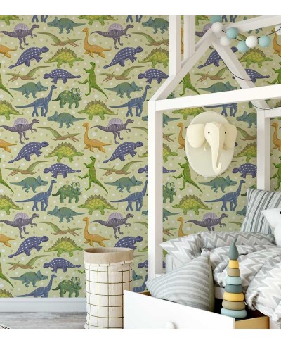 Papel de parede com fundo bege e desenhos em tons verde, amarelo, roxo, azul e laranja - Infantil 153