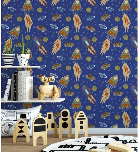 Papel de parede com cores azul, laranja, marrom, verde e detalhes brancos - Infantil 154