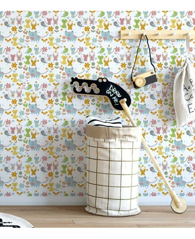 Papel de parede nas cores azul, laranja, amarelo, cinza, rosa e verde, com fundo branco - Infantil 155 Papel de parede nas cores azul, laranja, amarelo, cinza, rosa e verde, com fundo branco - Infantil 155