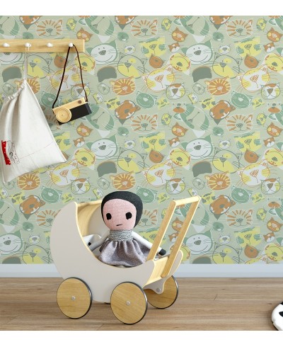 Papel de parede em tons verde, laranja, amarelo e detalhes brancos - Infantil 159