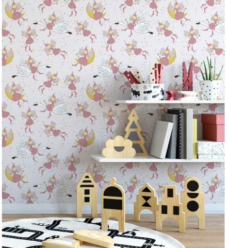 Papel de parede em tons rosa, amarelo, branco e detalhes pretos - Infantil 160