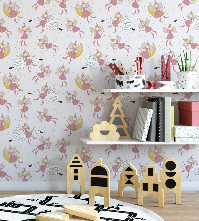 Papel de parede em tons rosa, amarelo, branco e detalhes pretos - Infantil 160