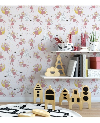 Papel de parede em tons rosa, amarelo, branco e detalhes pretos - Infantil 160