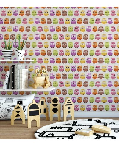 Papel de Parede com fundo na cor branca, com corujinhas em variadas cores e caras - Kids 01