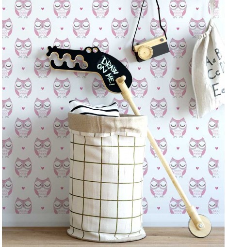 Papel de Parede com fundo na cor branca, com corujinhas em rosa e branco - Kids 02