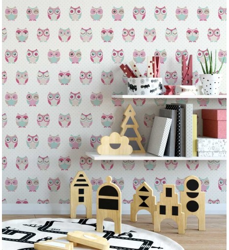 Papel de Parede com fundo na cor branca, com corujinhas em rosa, verde e branco - Kids 03