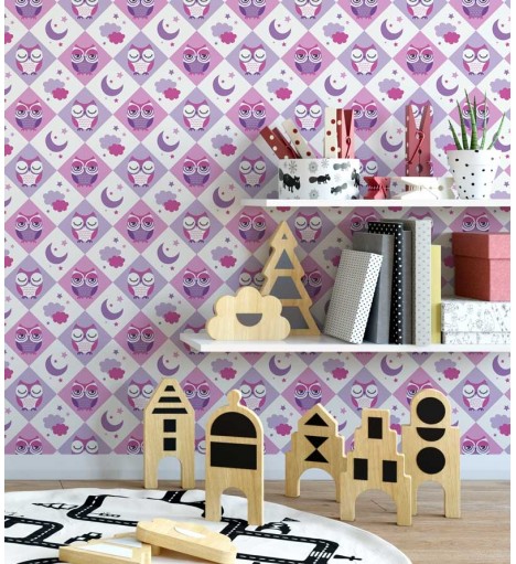 Papel de Parede com fundo na cor Rosa, branca e roxa, com corujinhas em roxo, rosa e branco - Kids 05