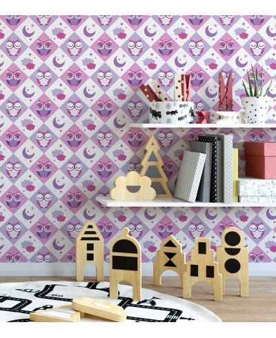Papel de Parede com fundo na cor Rosa, branca e roxa, com corujinhas em roxo, rosa e branco - Kids 05