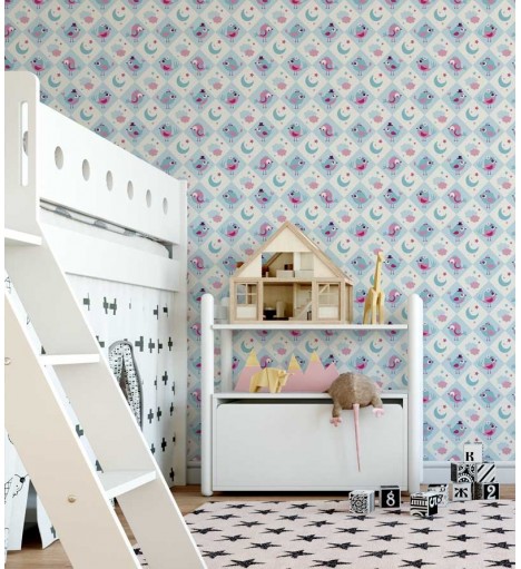 Papel de Parede com fundo na cor branca, e azul com passarinhos em azul e rosa - Kids 06