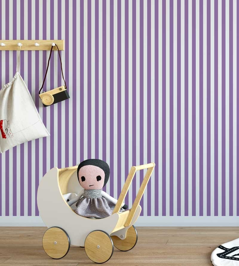 Papel de Parede Infantil Listrado em Roxo e Branco - Kids 13