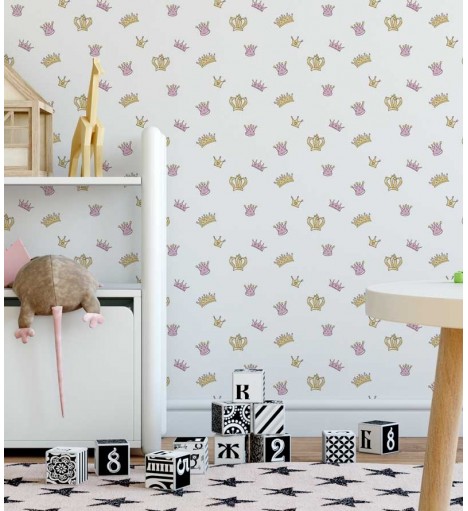 Papel de Parede Infantil coroas em fundo branco com coroas em amarelo e rosa - Kids 16