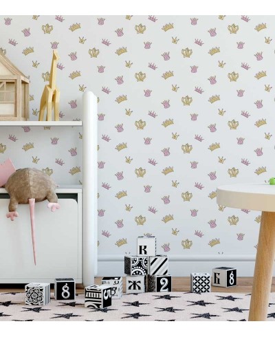 Papel de Parede Infantil coroas em fundo branco com coroas em amarelo e rosa - Kids 16 Papel de Parede Infantil coroas em fundo branco com coroas em amarelo e rosa - Kids 16