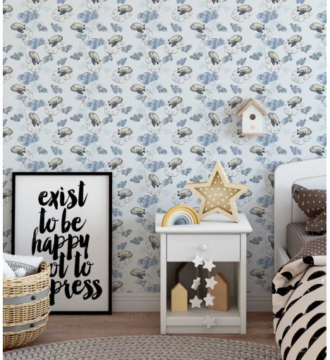 Papel de Parede Infantil aviões em fundo branco com nuvens em azul - Kids 17