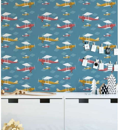 Papel de Parede Infantil aviões em fundo azul com nuvens em azul claro - Kids 19