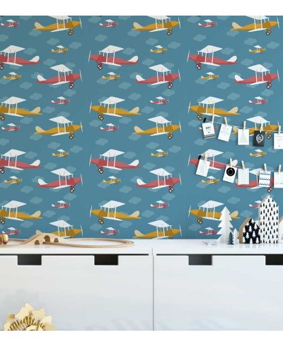 Papel de Parede Infantil aviões em fundo azul com nuvens em azul claro - Kids 19 Papel de Parede Infantil aviões em fundo azul com nuvens em azul claro - Kids 19