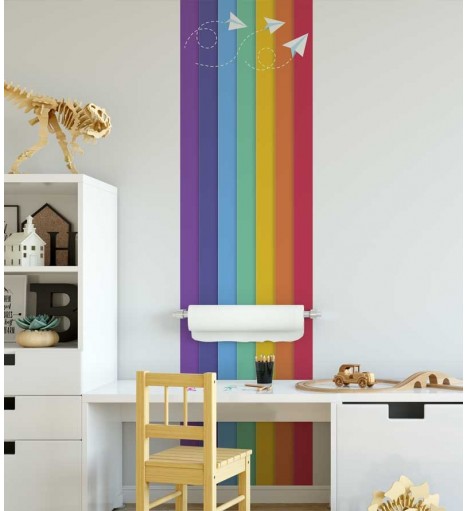 Papel de Parede Infantil aviões de papel em fundo listrado arco iris - Kids 20