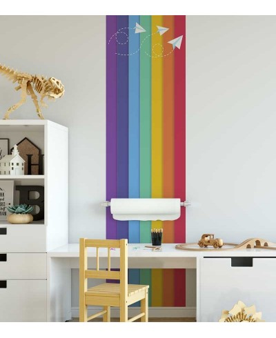 Papel de Parede Infantil aviões de papel em fundo listrado arco iris - Kids 20