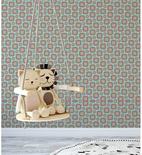 Papel de parede com fundo verde agua e detalhes em cinza, rosa, laranja amarelo - Teen 06